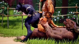 Furry threesome barebacking sex train, Furry werewolf epic cumshot without hands