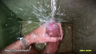No hands water masturbation. Letting the stream of water fall on my big uncut cock until I cum