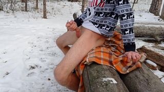 The guy jerked off and finished in the snowy forest