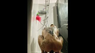 slim tattooed femboy naughty anal play shower