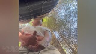 Bent over between some trees, he gets it rough and raw