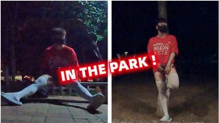 Boys in white stockings masturbate and ejaculate in the park, many passersby are watching