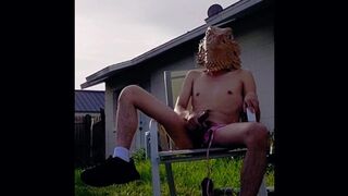 jerking off after trimming the grass in nothing but a thong