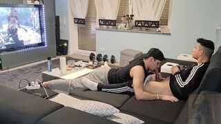 My boy surprised me with a nice blowjob while I was gaming and I shot my cum in his mouth