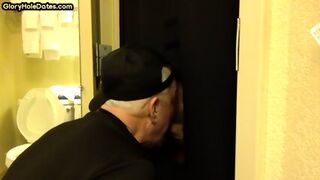 Gloryhole BJ DILF Sucks Cock With Eager Mouth Near Toilet