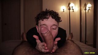 POV Twink Blowjob Cum Eating Nico Mucci Sucking Sweaty Daddy Camilo Brown's Big Uncut Cock