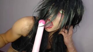 beautiful ladyboy sucks dildo passionately and rides it!! double shocking orgasm! cumshot