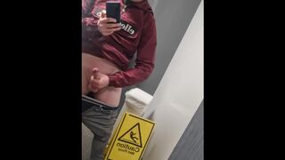 Smooth twink wanks in public toilet