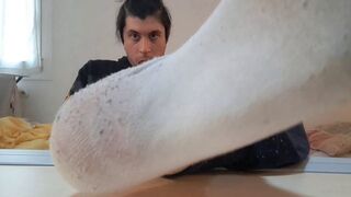 bad boy shows you his dirty and sweaty socks while jerking his wet cock