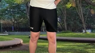 Monster cock cyclist public dick flash cum in tight pants