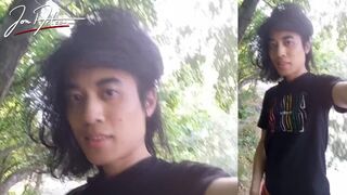 Jon Arteen walks in a gay cruising park, wanks, cums outdoors in front of water. Horny twink public