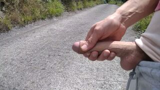 The Man Left The Road By Bicycle He Takes His Cock On The Road Risking Being Seen