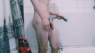 The guy takes a light shower