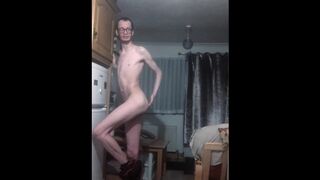 Skinny British chav sneaks into the kitchen to stretch and finger himself while step dad is upstairs