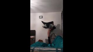 Skinny masked twig in long socks masturbates and puts leg behind his head