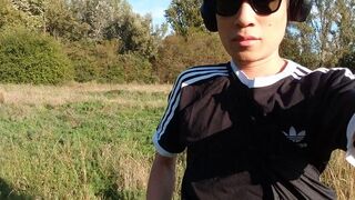 Jon Arteen takes his nice cock outside and pisses outdoors. Cute Asian twink gay porn