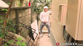 Yoshi Kawasaki Jerks His Bulge Behind The Fence And Blasts His Load