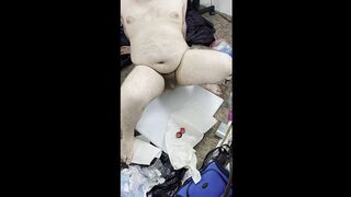 Chubby guy with small cock rides dildo