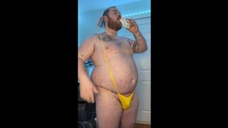 Growing pig chugs boost & shakes his fat ass