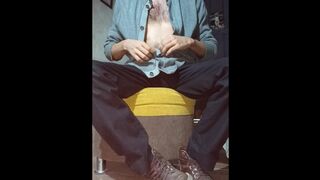 Hairy nerd strips down to his boots, jerks his hairy dick off and cums a lot on his hairy belly