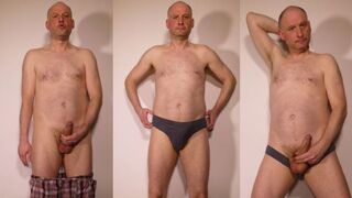 Kudoslong in shorts thrusting his erect cock then in briefs and naked wanking his hairy uncut penis