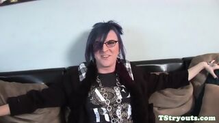 Pierced Tranny Tugging Herself At Casting