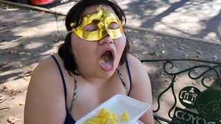 I suck my man's ass, cock and balls, extract a lot of cum and eat it with pineapple in public
