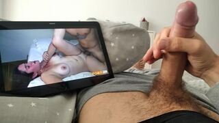 Masturbation and Cumshot of Nice Cock Watching Amateur Porn of Bisexual Couple