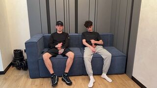 Two guys wanking together and CUM