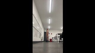 Bald skinny twig performs a big cumshot after running and warming himself up in public place