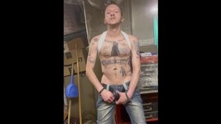 Beermunkie hot white trash smoker jerks his big cock while smoking