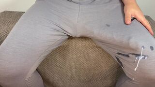 Huge cock cum in pants hands free compilation