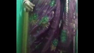 Indian Gay Crossdresser Bottom Gaurisissy showing her full body and pressing and playing with her big boobs in purple saree real xxx naked