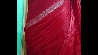 Indian Gay Crossdresser Bottom Gaurisissy pressing her big boobs and feeling horny in red saree with heavy jwellery