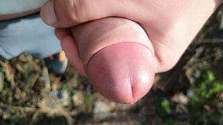 Gentle slow jerk off close up uncut cock outdoor - close up cum