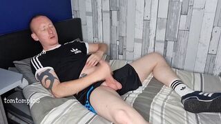 Ginger brit chav wanks and cums in shorts