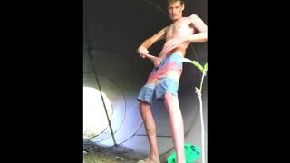 Public stroking monster cock in a culvert huge load