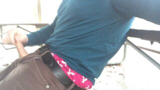 I'm jacking off at the campground on a rainy day in the public pavilion