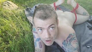 Caught naked and vulnerable by a public lake. Kayaker passing while experimenting self bondage