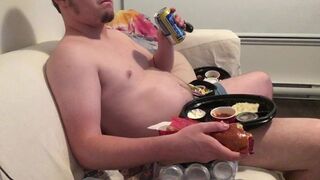 Stuffing & Watching Anime. Chubby Guy, Big Belly Meal! Eating Too Much Hehe