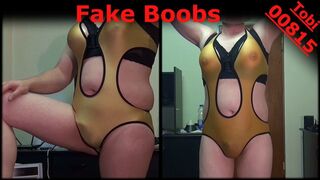 Fake Boobs E-Cup: Wet sheer swimsuit over big strapon tits. Shaved Crossdresser Tobi00815 (050)