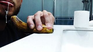 Bearded Mature Man Gives Banana a Good Blowjob with Cumshot Included, Give Me Your Cock Please