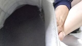 A video of a boy's daughter wearing various socks and shoes