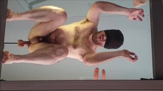 Gangbang with ass fuck and suck by dildoes - straight guy on glass bridge