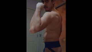 Handsome sexy man flexing muscles, wait 4 large dick by the end