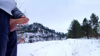 Two big cumshots in a snowy nature, my balls are freezing