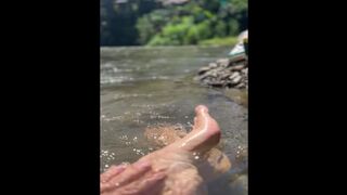 Refreshing summer day. Femboy semi naked in the middle of the lake, alone and hot