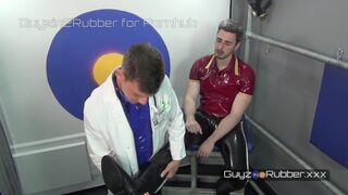 Rubber Fetish Doc wins over his patient. Jerking,fucking,milking,cock massage by rubber covered feet