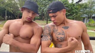 Two hot latino guys show their muscles