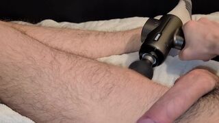 Hunk massages muscles with uncut cock